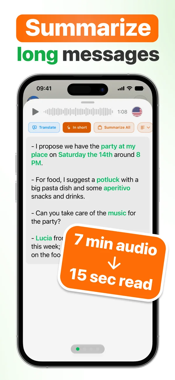 AI summary of a long voice note: 7 minutes of audio in a 15-second read