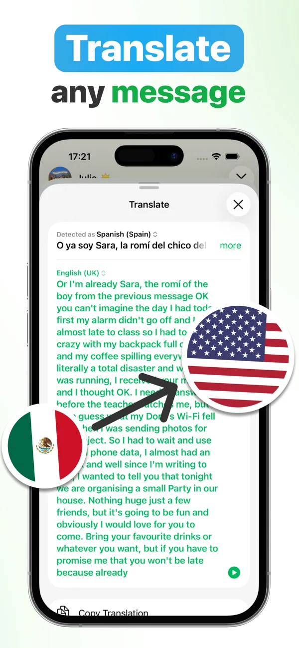 WhatsApp voice message translated from Spanish to English in real time