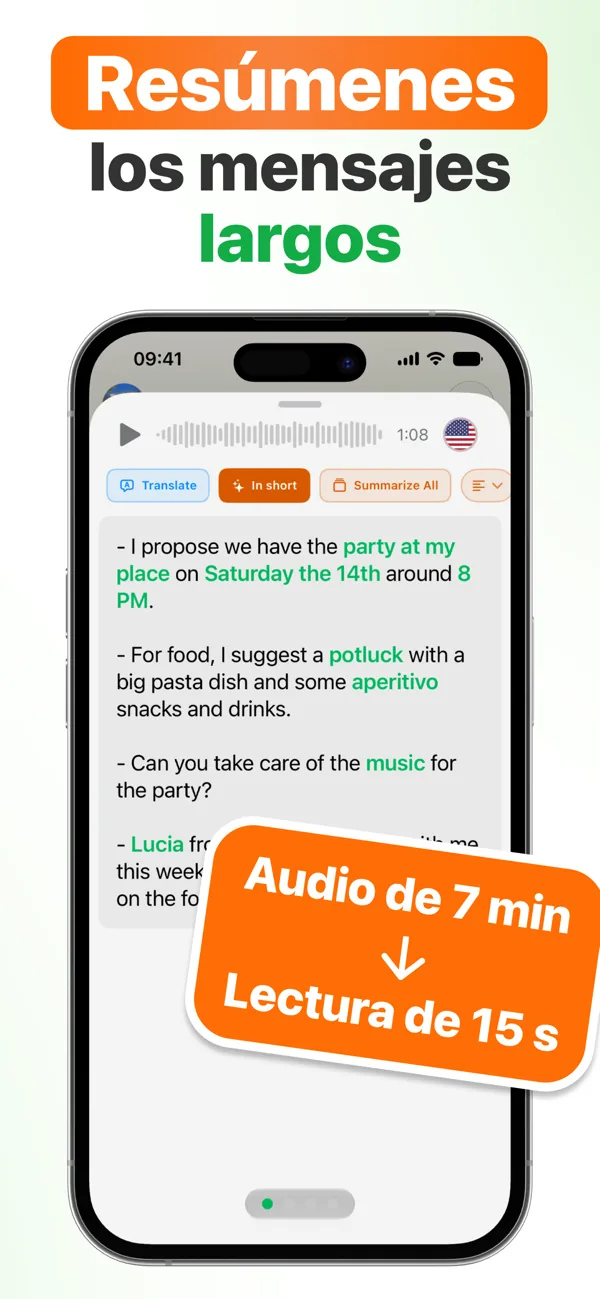 Resumen con IA de una nota de voz larga: 7 minutos de audio en una lectura de 15 segundos