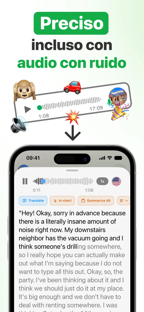 Transcripción precisa de una nota de voz de WhatsApp incluso con ruido de fondo