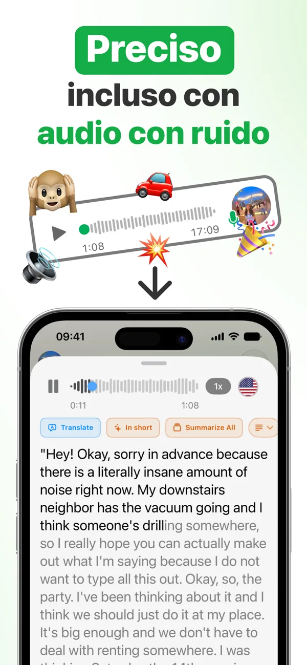 Transcripción precisa de un audio de WhatsApp incluso con ruido de fondo