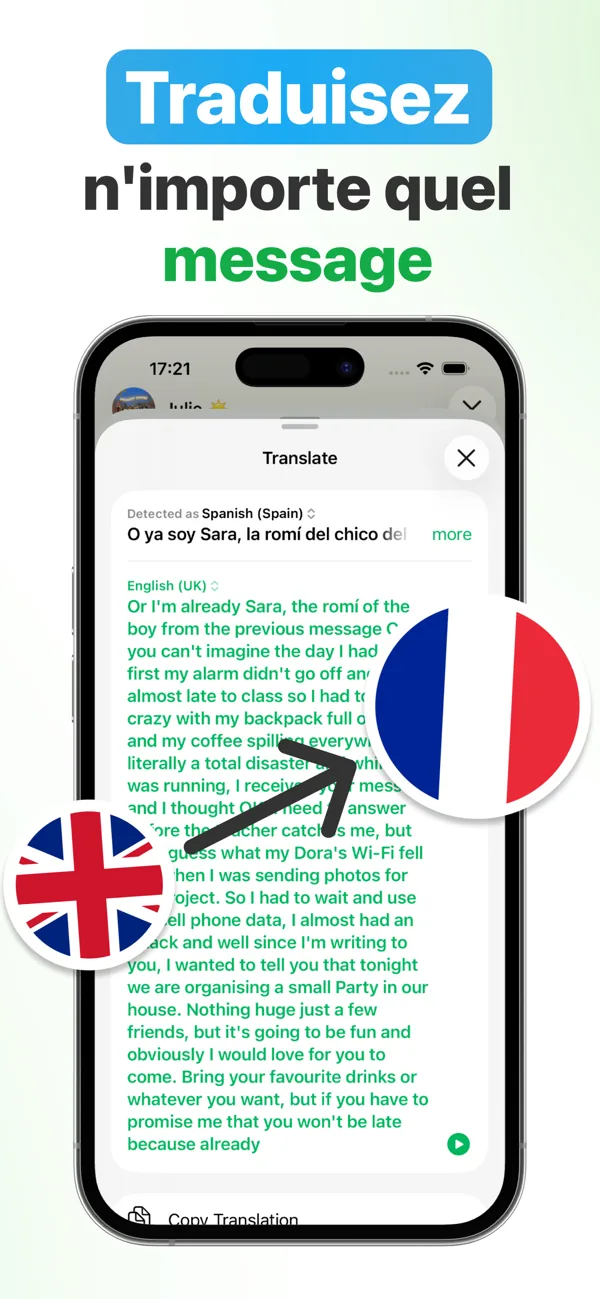 Message vocal WhatsApp traduit de l'espagnol vers le français en temps réel