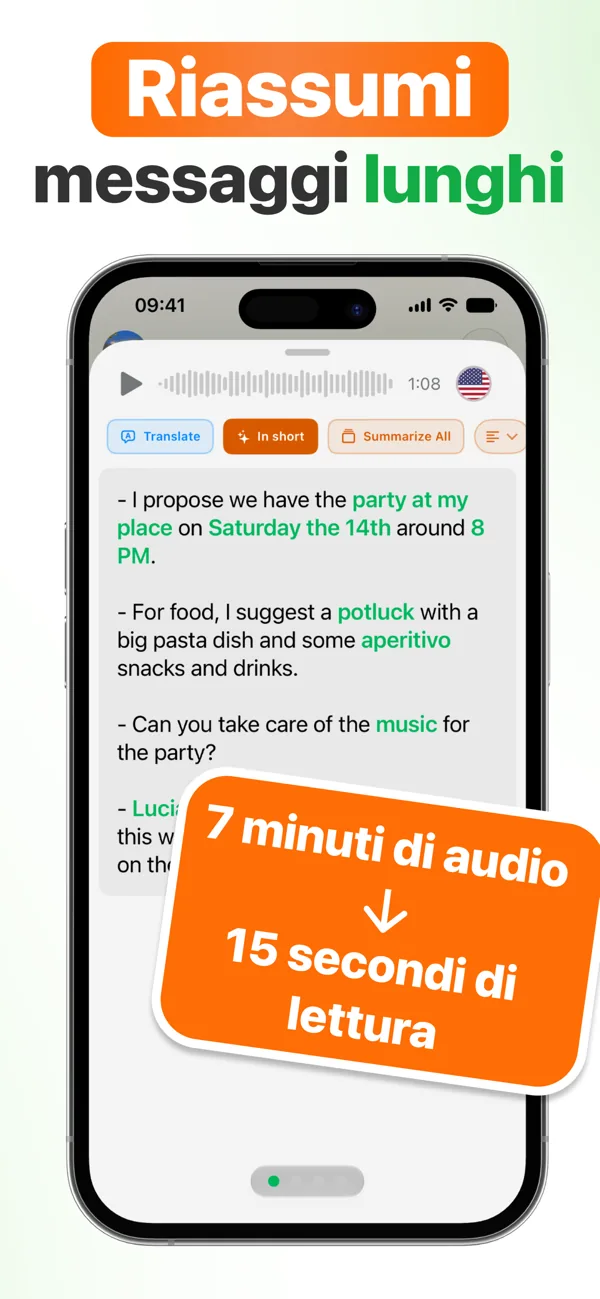 Riassunto AI di un vocale lungo: 7 minuti di audio in 15 secondi di lettura