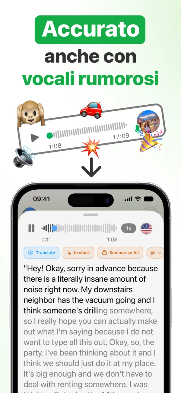 Trascrizione accurata di un vocale WhatsApp anche con rumore di fondo