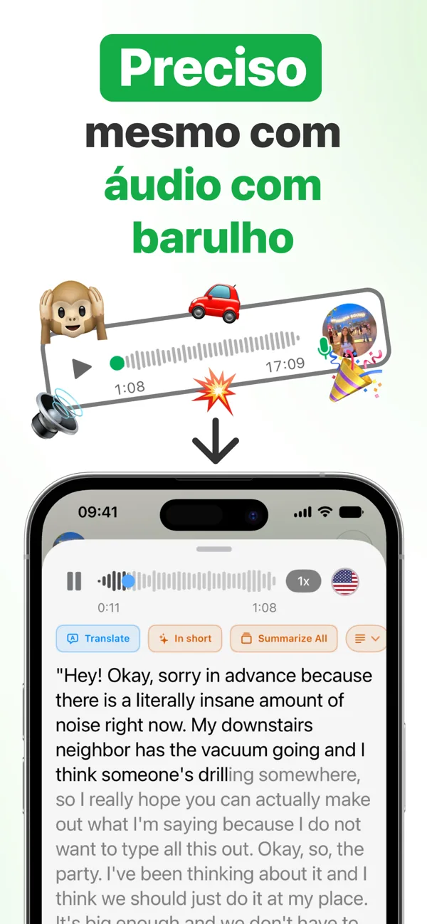 Transcrição precisa de áudio do WhatsApp mesmo com barulho de fundo
